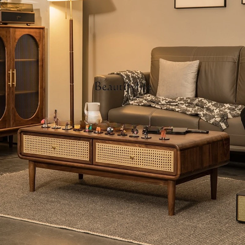 

Nordic Solid Wood Coffee Table Black Walnut Personalized Rattan Small Apartment Simple Modern Sofa Tea Table Home