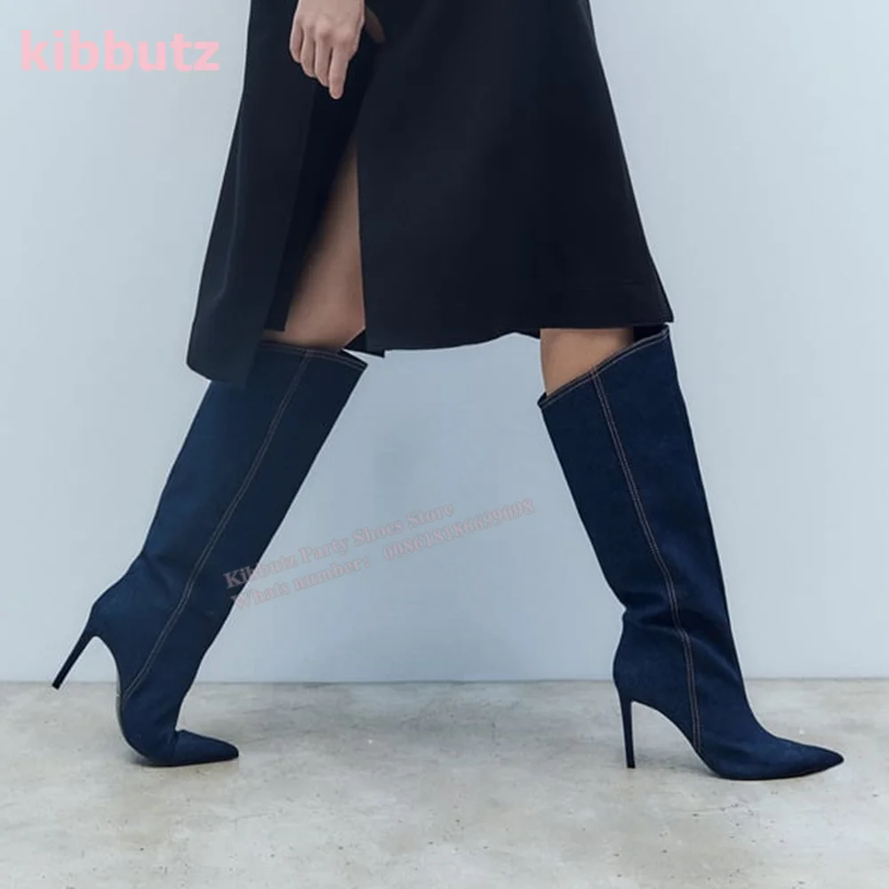 Botas hasta la rodilla para mujer, zapatos de costura de mezclilla, Punta puntiaguda, tacón fino, sin cordones, azul sólido, asimétrico, pantorrilla en la parte superior, pasarela, espectáculo de moda