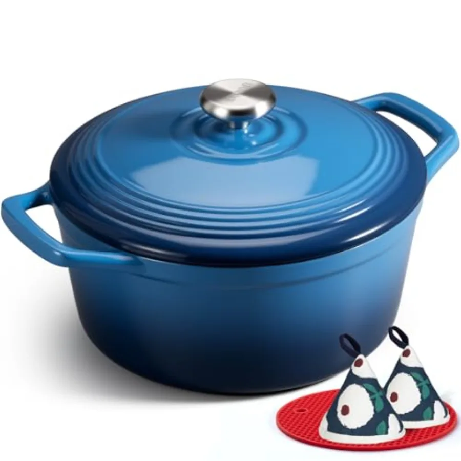 

Эмалированная чугунная жаровня (голландская печь) - Кастрюля 5,5QT с широкими ручками, крышкой, книгой рецептов и хлопковыми прихватками - Прочная посуда для приготовления пищи, предварительно обработанная (с эффектом приварки)