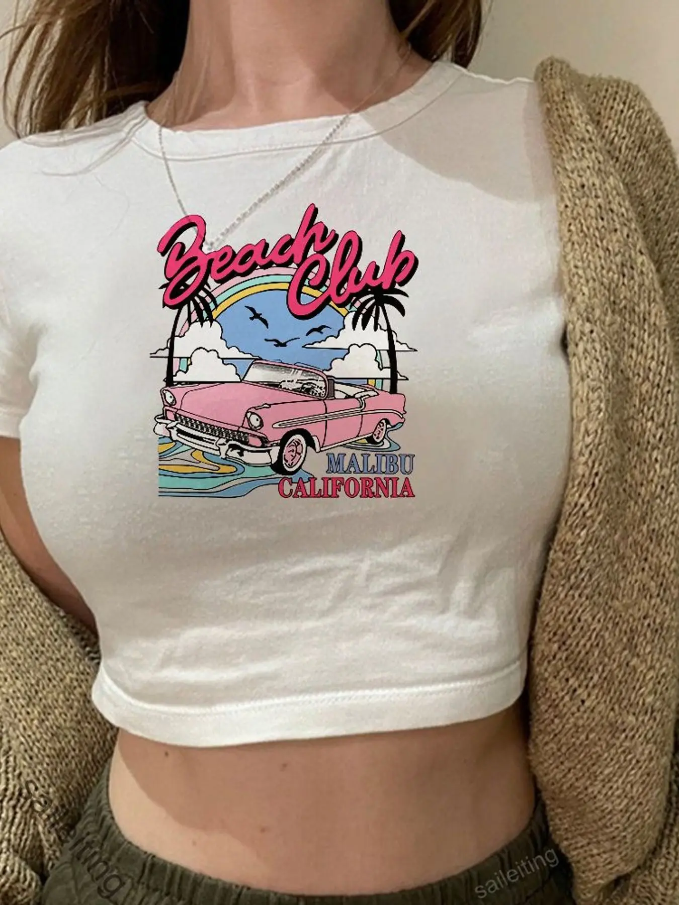 Beach Club Malibu California Retro Convertible Car Graphic T-Shirt - Vintage Southern California Summer Crop Tee with Pink Cu
