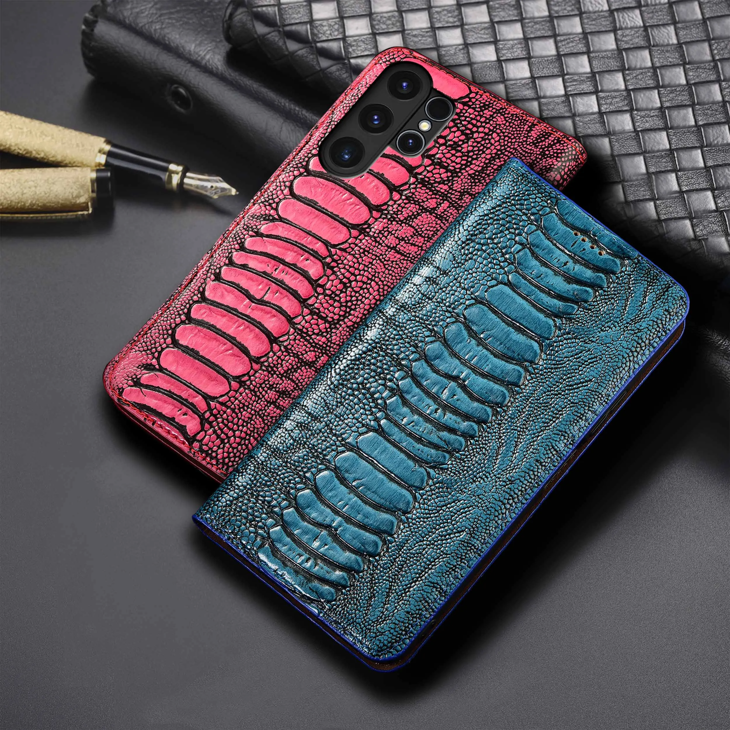 

For Samsung Galaxy S21 S22 S23 S24 S25 Edge Plus Ultra FE Ostrich Feet Pattern Of Genuine Leather Wallet Flip Phone Case Cowhide