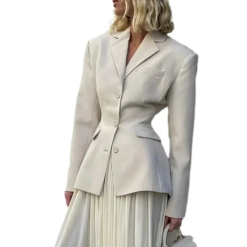 Temperament Commuter Style Suit Jacket 2024 Spring New Style V-neck Splicing A-line Solid Color Waist Slim Suit for Women