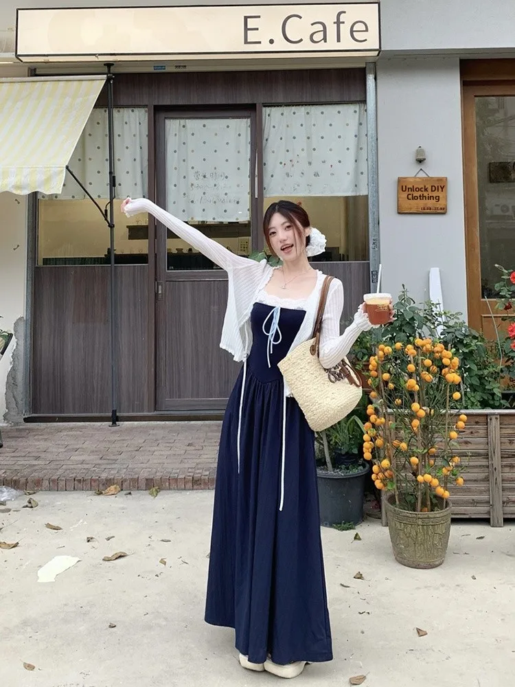 Vestido Cruzado con Cinturón y Encaje E, Vestido  en Línea A, Estilo Casual de Verano para Mujer, Cintura Alta, Es...