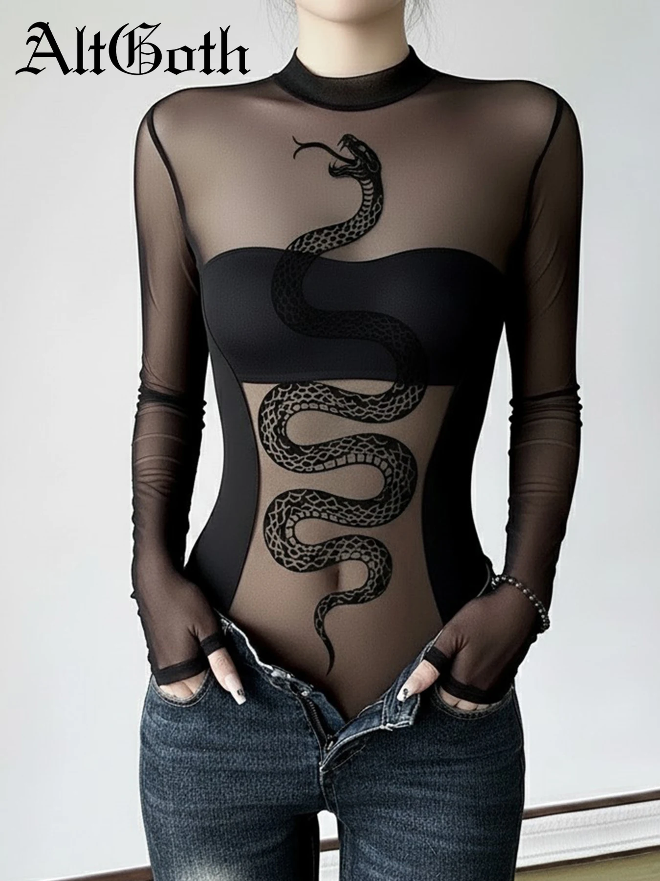 

AltGoth Cyber Punk Gothic Bodysuit Women Streetwear Harajuku Grunge Y2k Snake Pattern Patchwork See Through Long Sleeve Jumpsuit