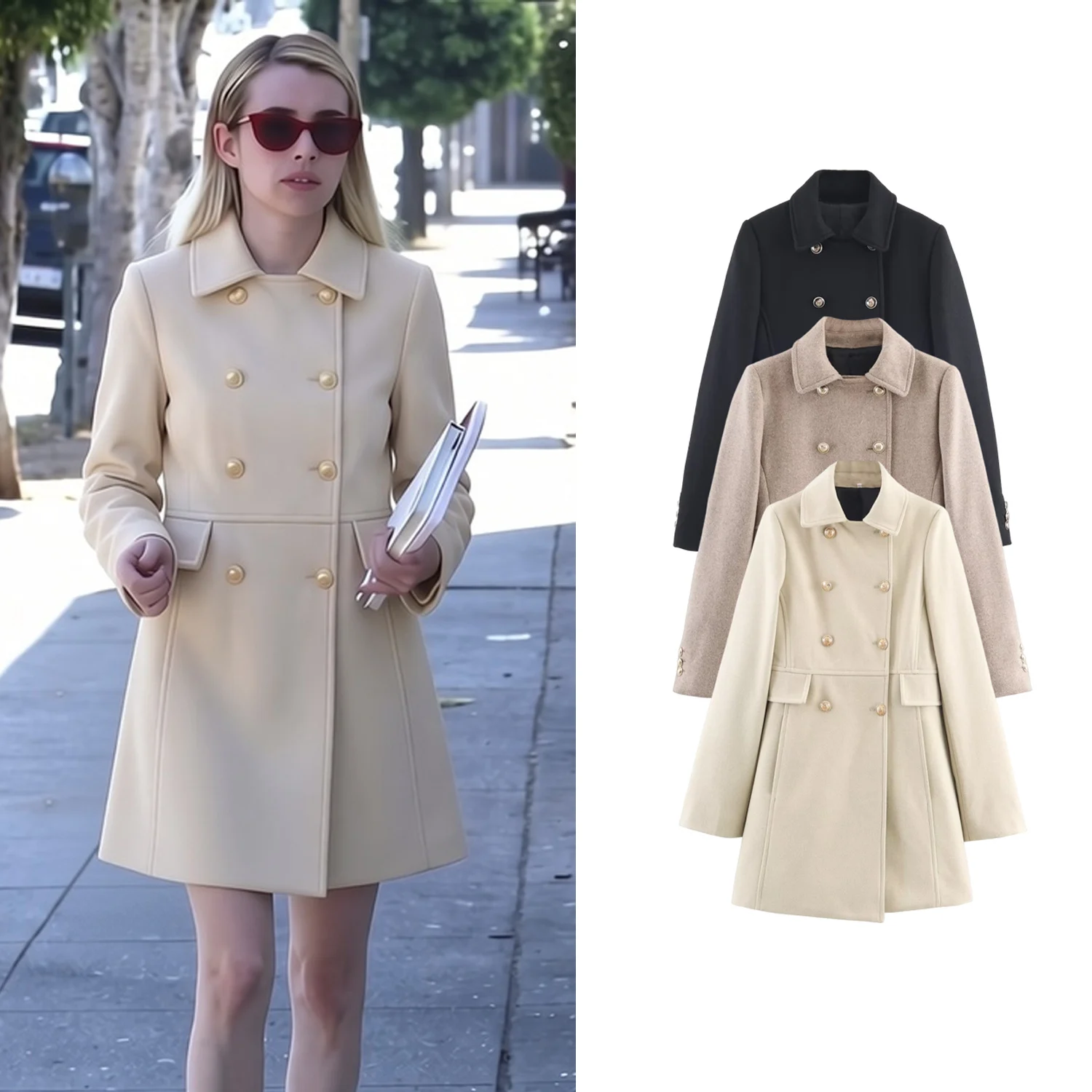 Women's Loose Long Sve Overcoat Autumn Winter New Female Sle Double Row Buttons Gold Embellied Mid-Length Commute Sle Outerwear