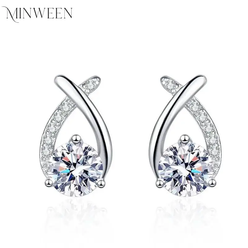 MINWEEN  Real 925 Silver Stud Earrings 0.5ct Moissanite Drop Fishtail Cross Piercing Ear Earring Women's Jewelry