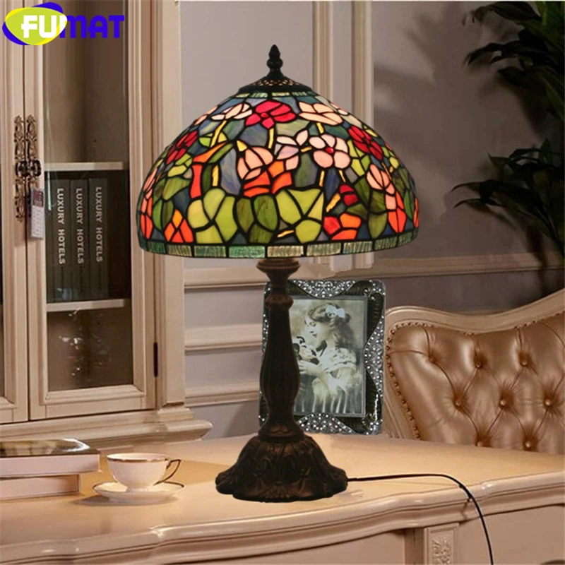 

Fumat Tiffany Style Desk Light Red Rose Pink Orchid Green Leaf Stained Glass Table Lamp Handcraft Home Decor Dia 30cm Lampshade