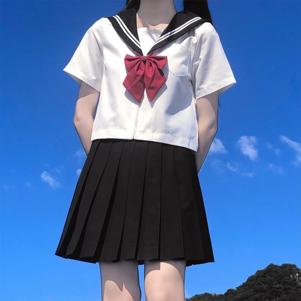 Japanse School Uniform Meisje Jk Pakken S-8XL Plus Maat Wit Twee Zwarte Drie Lijn Basic Matroos Zomer Sexy Plooirok Vrouwen