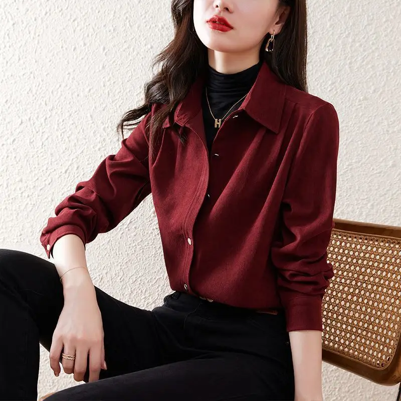 Fashion Lapel Button Solid Color All-match Shirt Women\'s Clothing 2022 Autumn New Loose Casual Tops  Office Lady Blouse