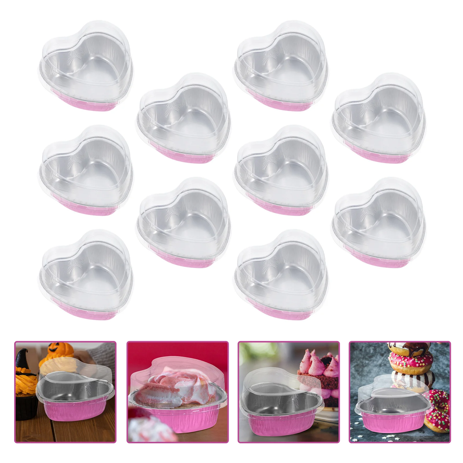 10 Pcs Heart-Shaped Aluminum Foil Box Baking Dish with Lid Cake Pan Cupcake Lids Cover Ramekins Plastic Mini Pans Cups Bowl