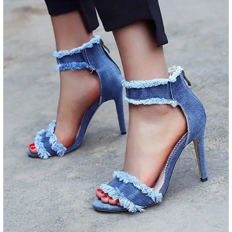 

New Blue Open Toe Denim Women's Sandals Ankle Strap Stiletto Peep Toe Cutout Zipper High Heels Sandals Casual Daily Shoes