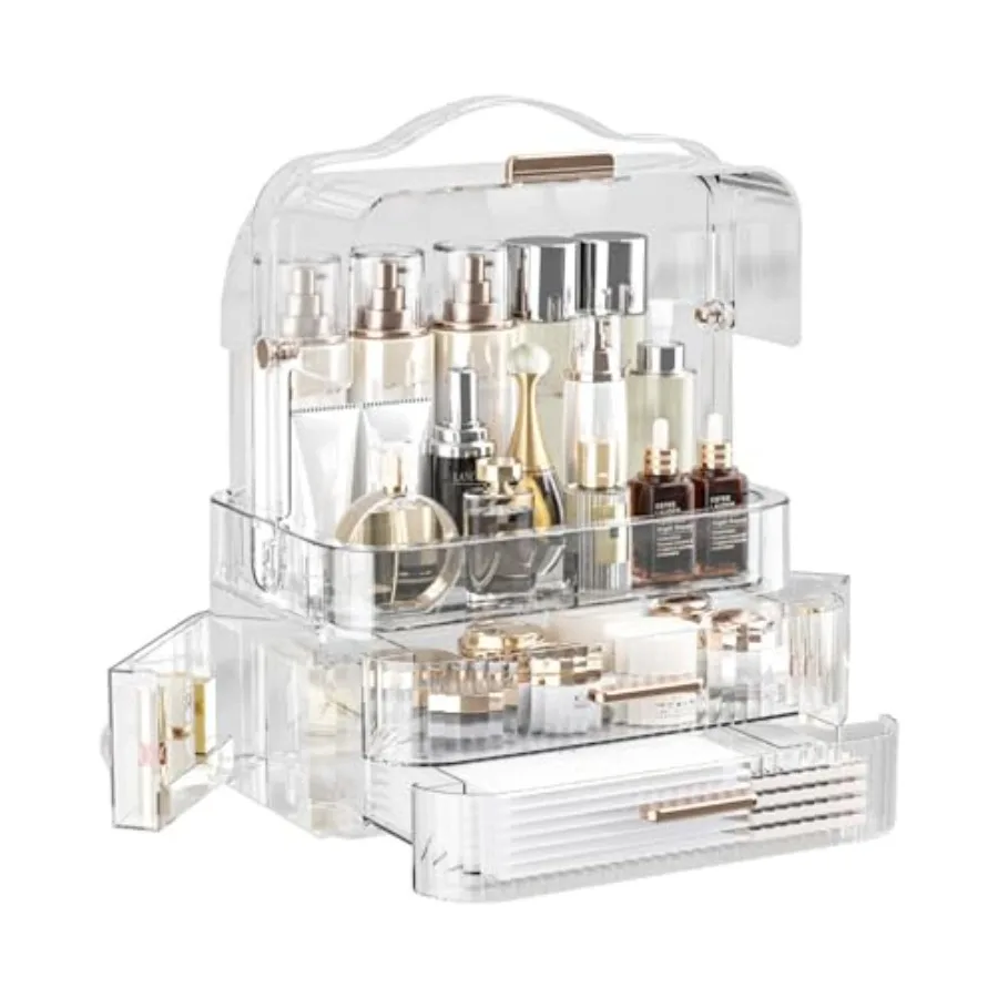 

Cosmetics Storage Box Transparent Lid Large Makeup Organizer Box Drawers Portable Handle Waterproof Dustproof Skincare Display
