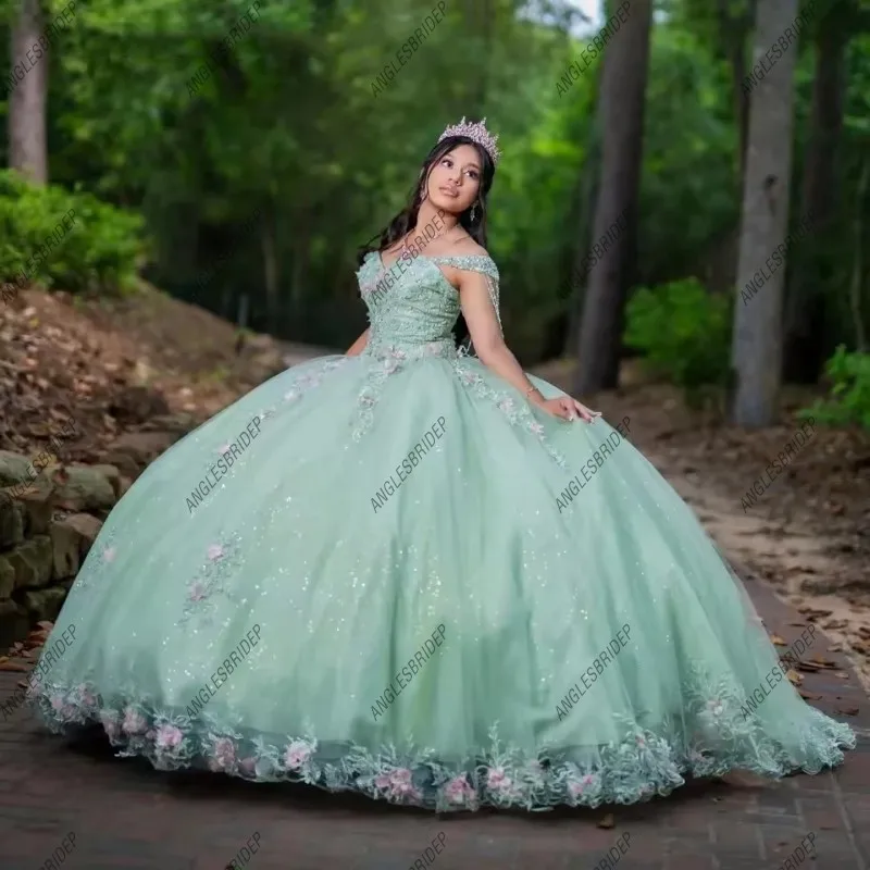 Mint Green Princess Quinceanera Dresses Women Shiny Tulle Pageant Dress Lace Appliqued Vestidos De 15 Años Party Gown Customized