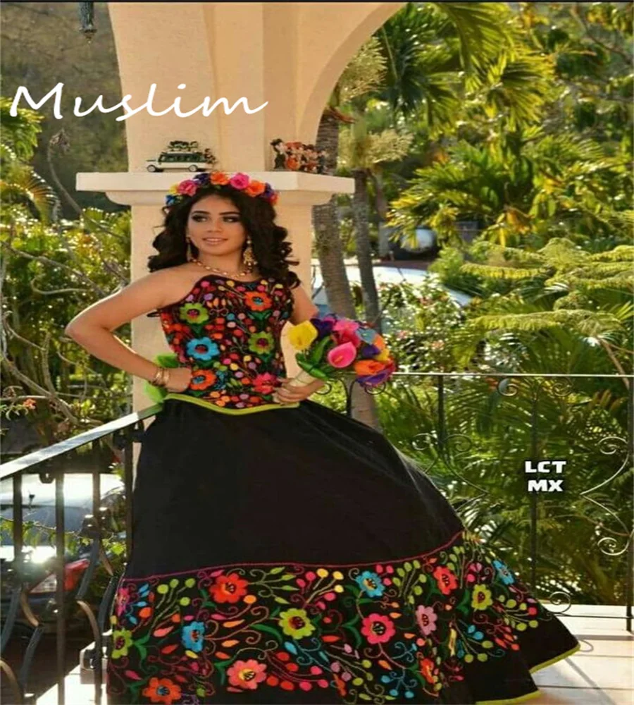 Charro Black Mexican Quinceanera Dress Colorful Emboridery Flowers Gothic Wedding Gowns With Green Knotbow Lace Up Customized