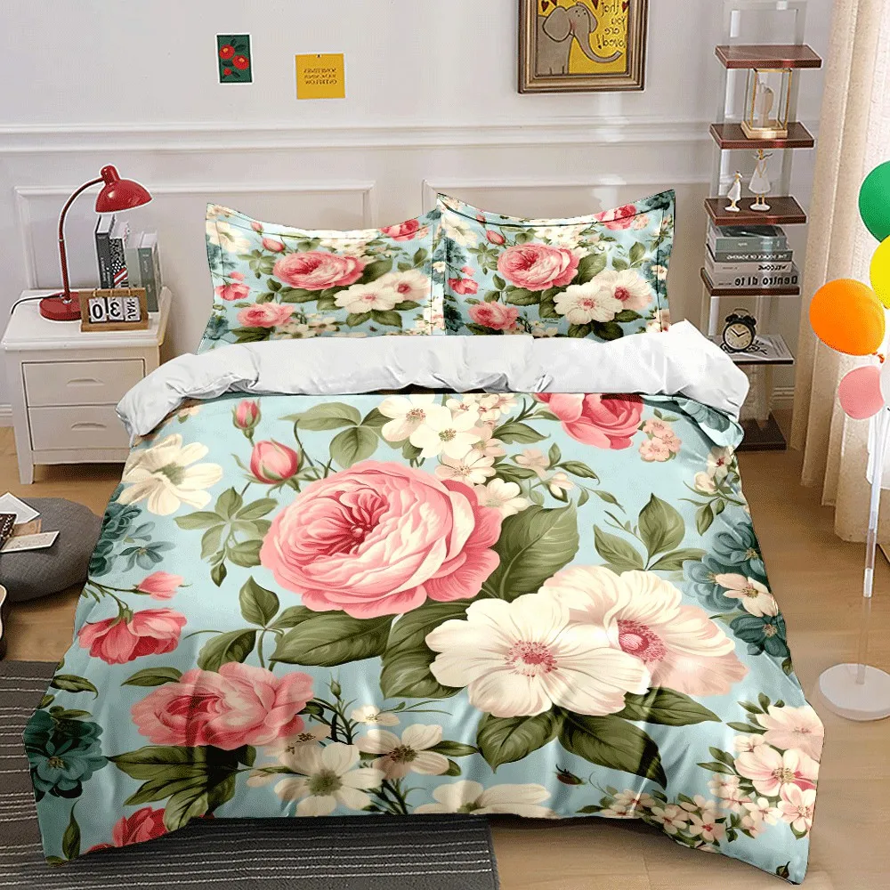 Floral-Themed Three-Piece Bedroom Set Exquisite three-piece bedding set gift for kids and adults