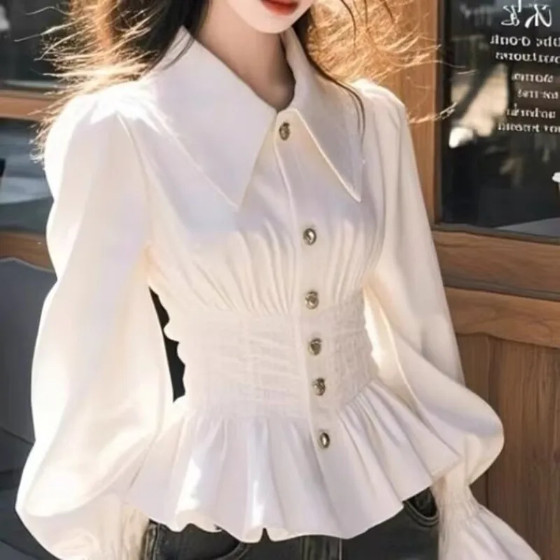 

French Slim-fit Waistline Shirt 2025 Spring Summer Women Elegant Blouse Femae Longsleeve Shirt Office Lady White Base Shirt
