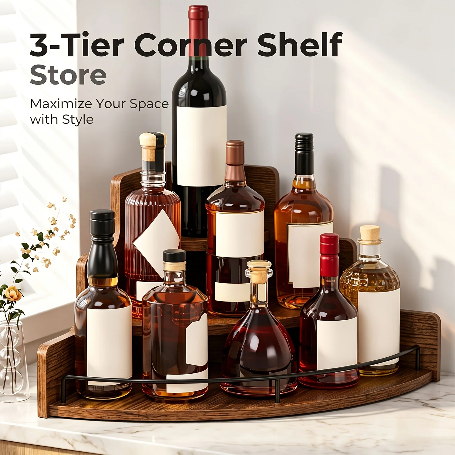 3-Tier Wooden Wine Rack and Coffee Syrup Organizer;Rustic-Style Countertop Wine BottleDisplayStand;Space-Saving Home Bar Cabinet