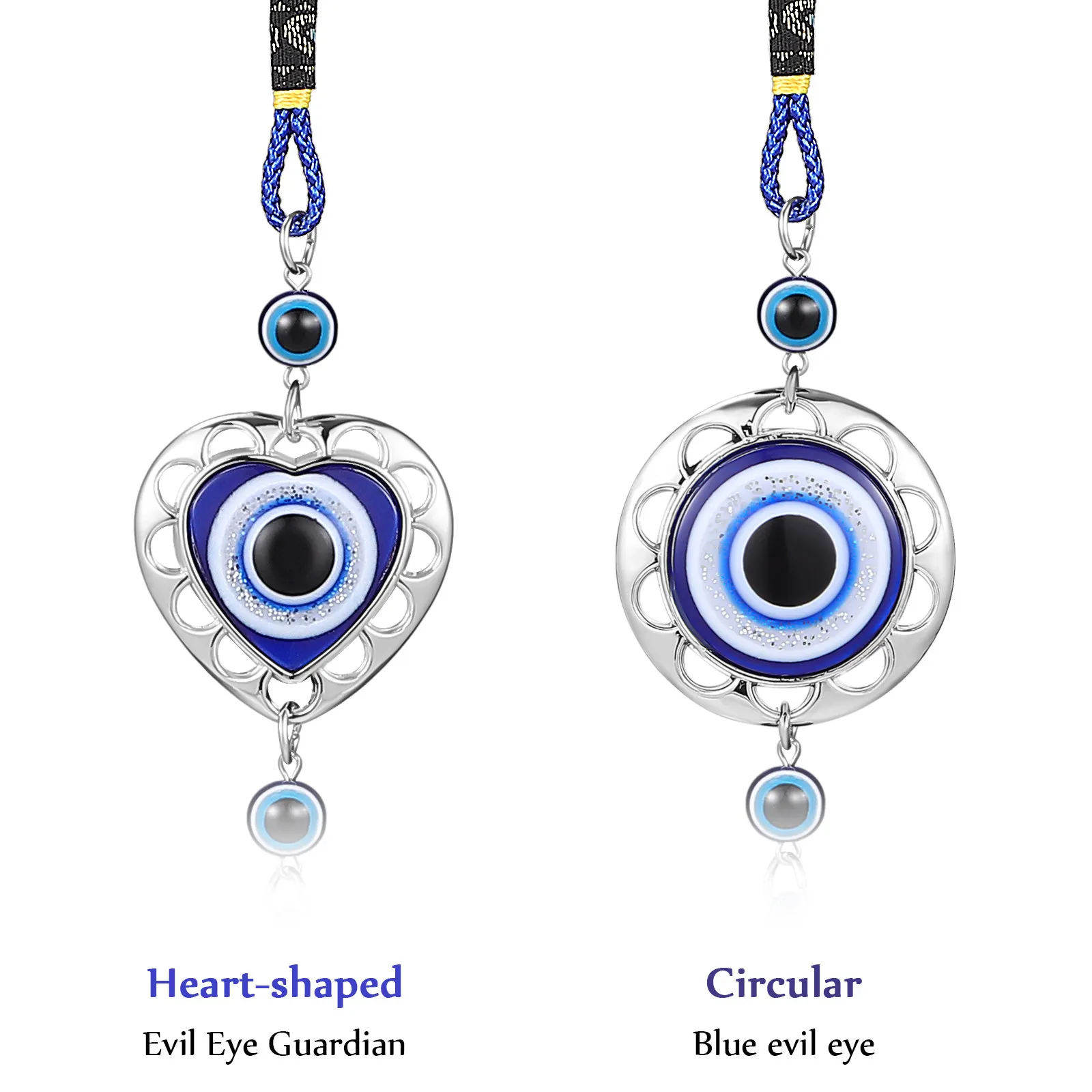 6Pcs Evil Eye Pendant Hanging Ornament for Car Rear View Mirror Wall Home Bag Backpack Round Heart Shape Tassel Decor
