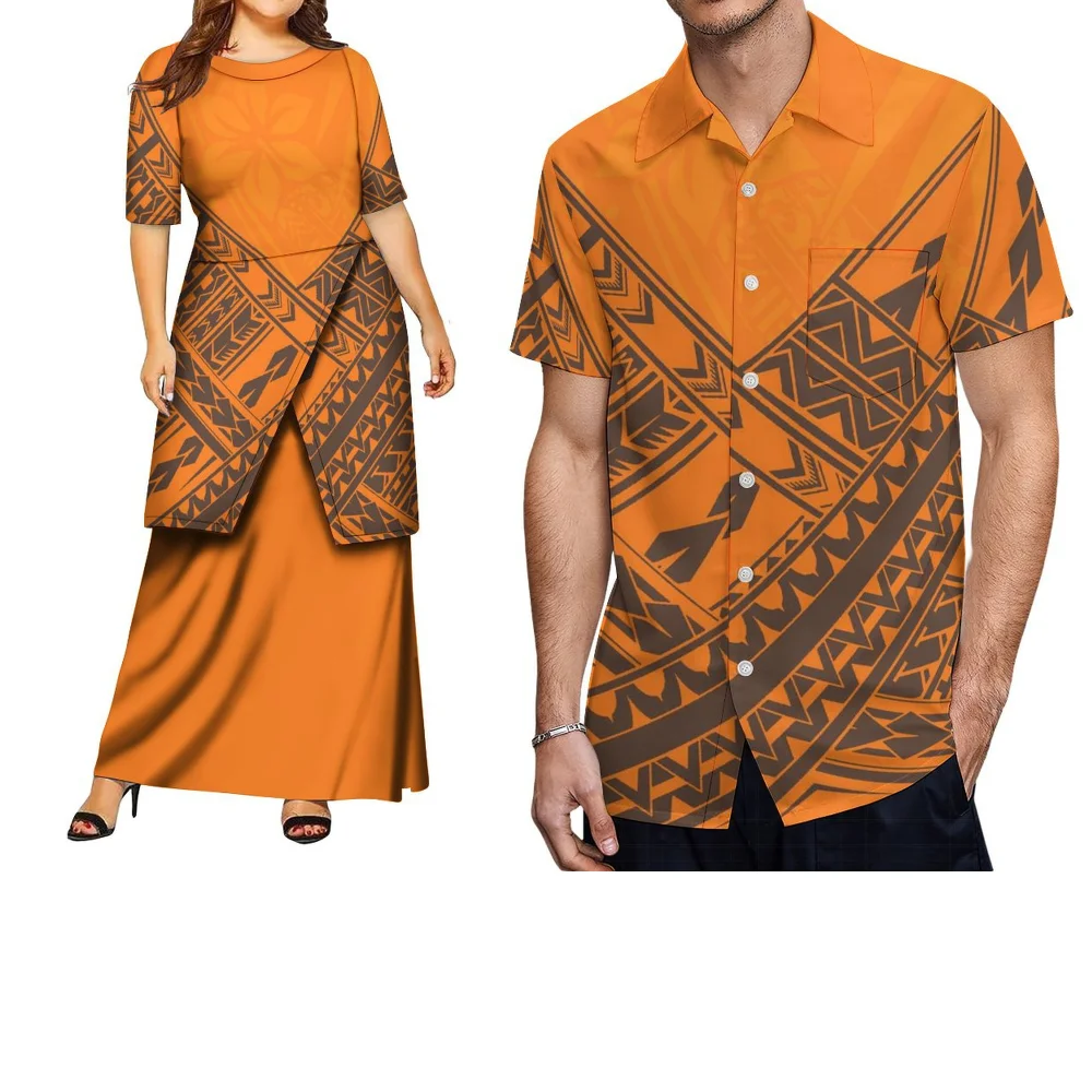 Couple Travel Party Outfits Polynesian Printed Custom-Made Pletasi Loose Long Dress For Women And Casual Shirt Tops For Men