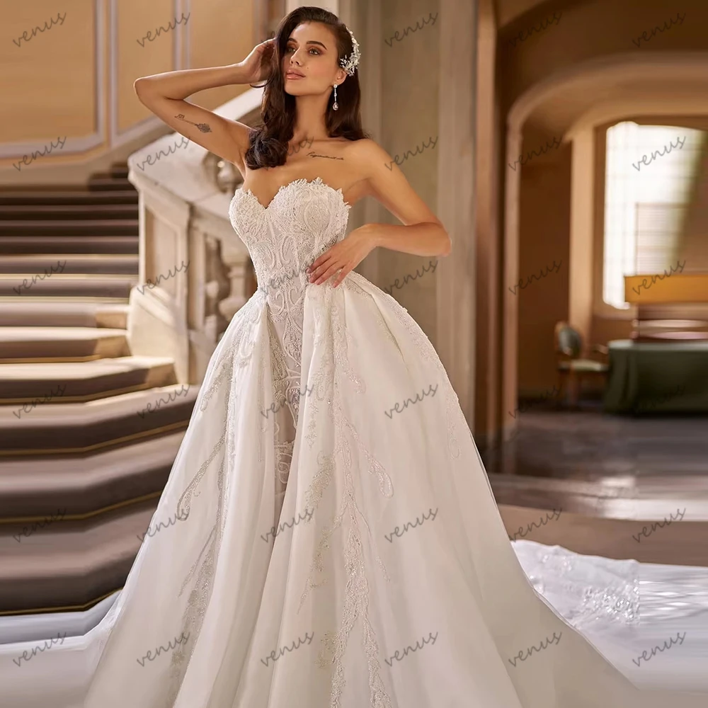 

Exquisite Wedding Dresses Pretty Bridal Gowns Lace Beading Appliques Sexy Strapless Backless Robes Vestidos De Novia Customized