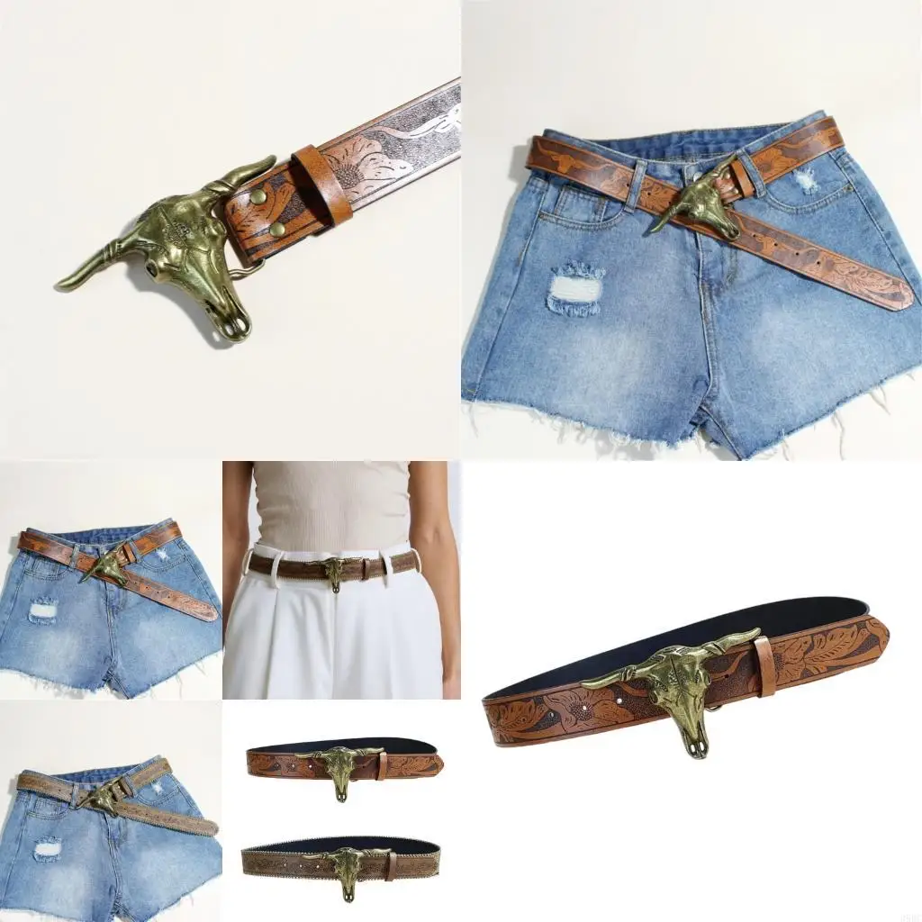 

39BC Western Carved PU Belt Adjustable Length Durable Leather Waist Strap