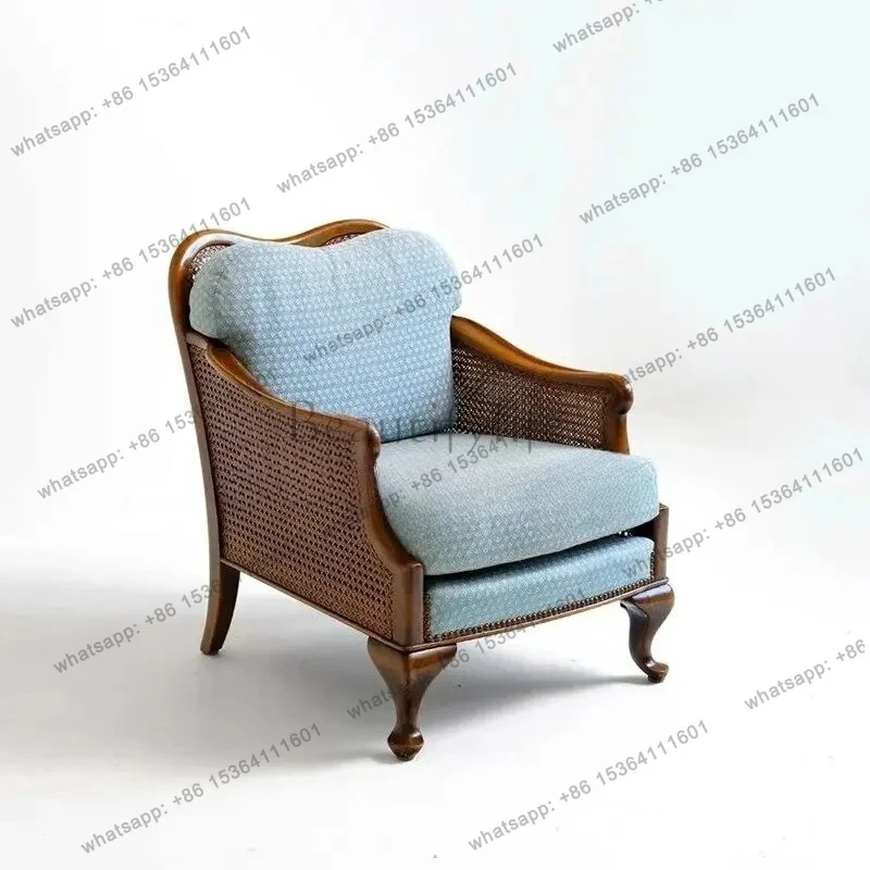 YJ American Solid Wood Braided Rattan Sofa Chair French Retro Classic Living Room Balcony Single Studio Design Sofa