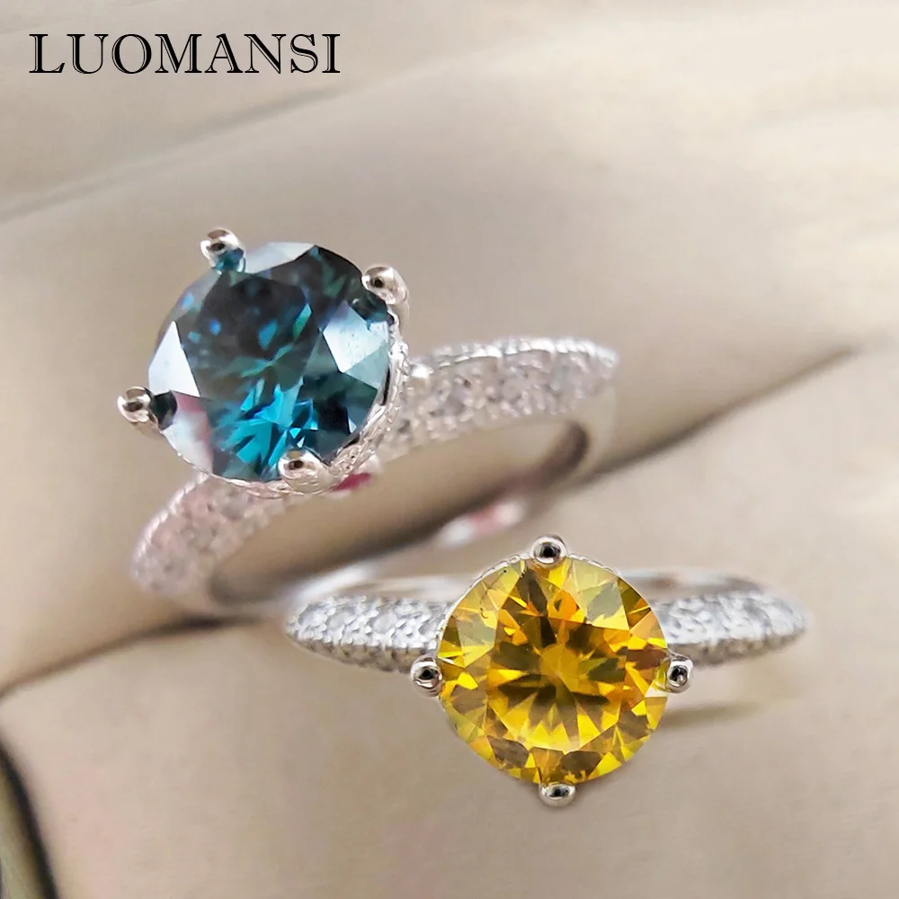 Luomansi Vintage Moissanite Silver Ring Woman 1CT Yellow Green Pink Blue 100% Pass Diamond Test S925 Jewelry Wedding Party