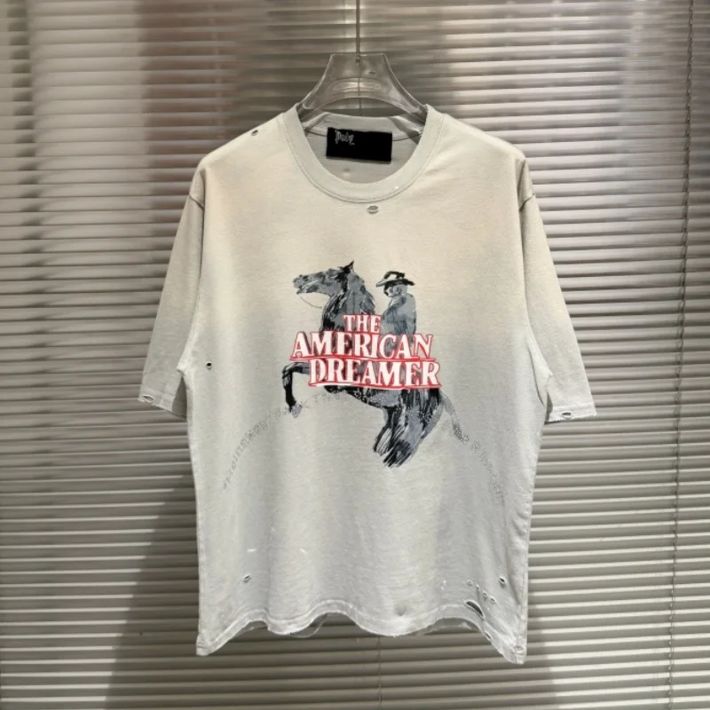 Light Blue Trendy Denim Biker Rhinestone Distressed Heavyweight Oversized Casual Paly T-shirt