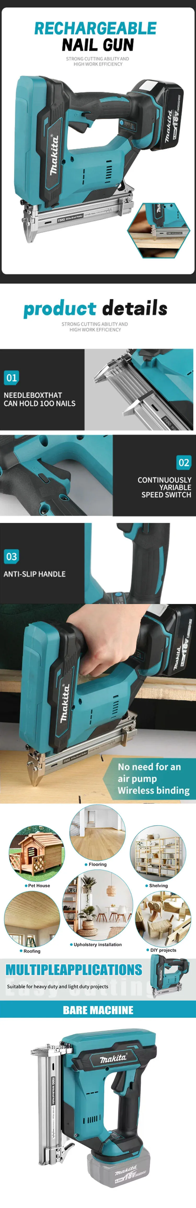 Brushless cordless brad nailer straight finish nail gun for Makita 18V