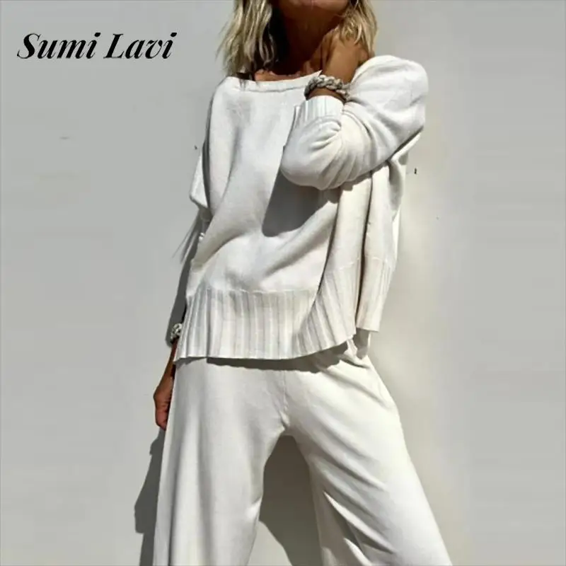 Women Casual Long Sleeve Solid 2Pc Outfits Fashion Elastic Waist Knitted Loose Suits Sexy V-neck Long Sleeve Top & Long Pant Set