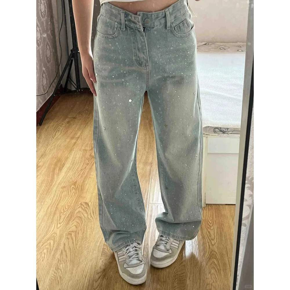 Pantalon à jambes larges pour femmes, poche taille haute avec fermeture éclair en strass, jean de Style printemps et automne