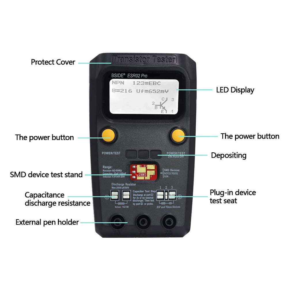 Capacitance Inductance MOSFET NPN PNP Triac MOS Detector SMD Components Checker Diode Triode Resistor Digital Transistor Tester