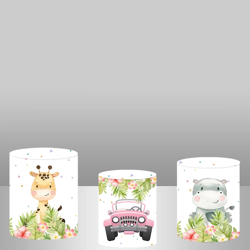 Jungle Safari Party DecorationBaby Shower Newborn Round Backdrop Animals Kids Birthday Background Cylinder Cover Elastic