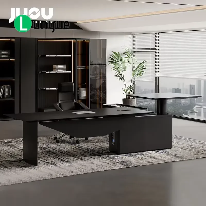 Modern L Shaped Wooden Desk Electric Height Adjustable Standing Desk for Home Office CEO Ergonomic Computer Workstation