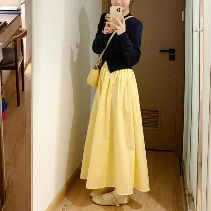 2025 New Yellow Half Length Skirt for Women in Spring and Autumn High Waist A-line Mid Length Long Skirts for Women Fashion 2023