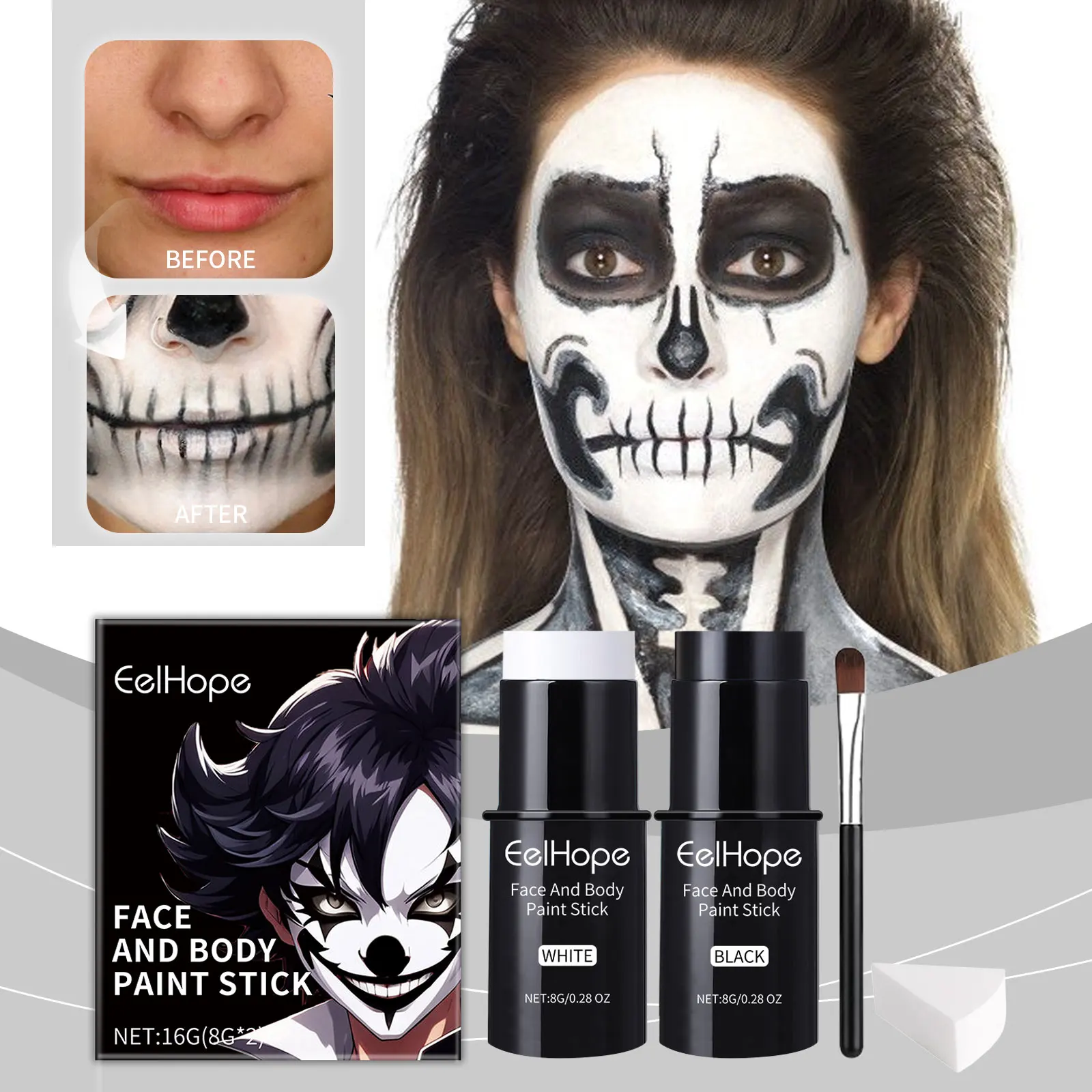 Kit per il trucco del clown di Halloween, impermeabile a lunga durata, kit per cosmetici per il viso con bianco nero, collezione completa