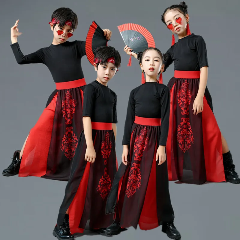 Traje de baile de Jazz de estilo chino para niños, Ropa de baile de Hip-Hop roja y negra, trajes de actuación en grupo, trajes de Festival