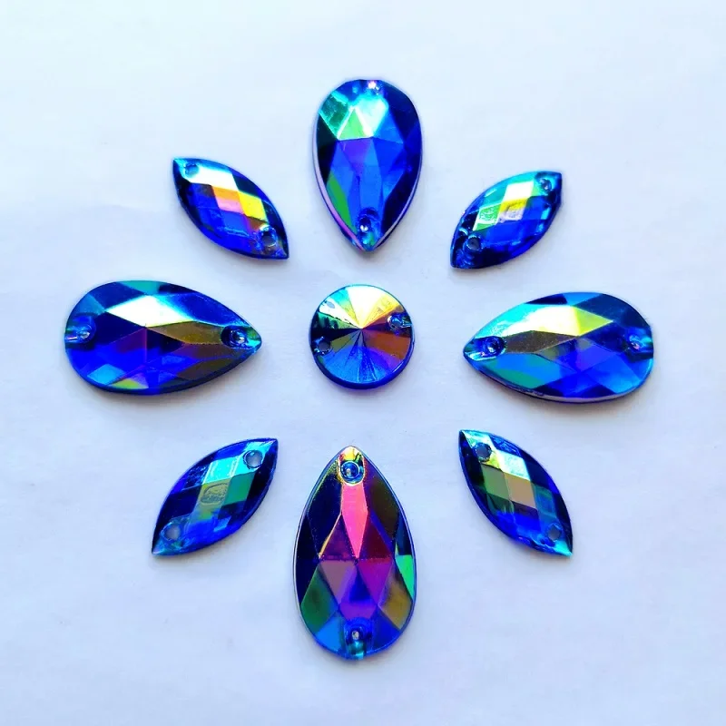 300PCS Mix Shape Royal Blue Drop Round Navette Flatback Clothes Clothing Sew on Rhinestones Crystals For Dance Costumes Prom diy