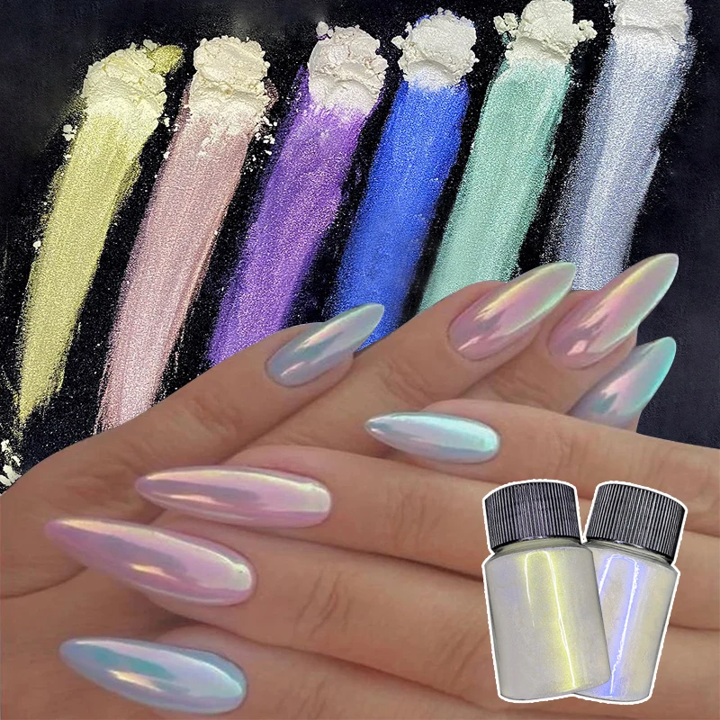 Polvo de uñas con purpurina de neón Aurora, pigmento de perlas para arte de uñas, cromo, azul, manicura holográfica
