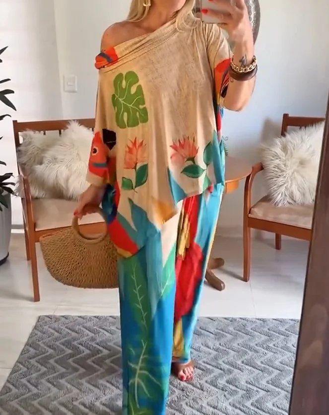 Women's T-Shirt Sets 2 Pieces Outfit Summer Tribal Print Cold Shoulder Batwing Sleeve Top & Casual Wide Leg Pants Set for Women