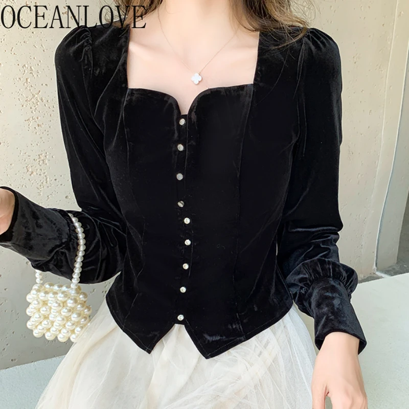 OCEANLOVE Black Velvet Blouses Women Tops Solid Autumn Winter Elegant Vintage Blusas Mujer Korean Fashion Short Shirts Clothing