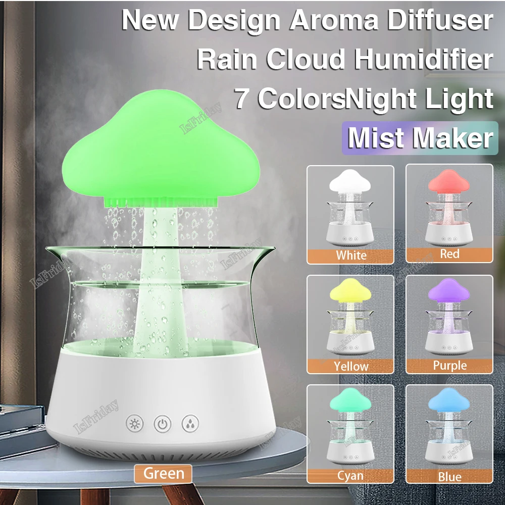 Mushroom Air Humidifier Water Drop Rain Cloud Humidifier Raindrop Sound Relaxed Essential Oils Diffuser Ultrasonic Mist Maker