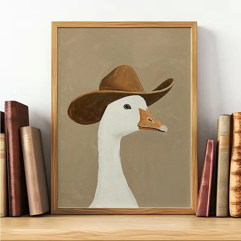 Rabbit Goose Cowboy Hat Print Poster Spring Brown Western Nursery Art Bunny Neutral Boy Room Animal Wall Art Canvas Painting