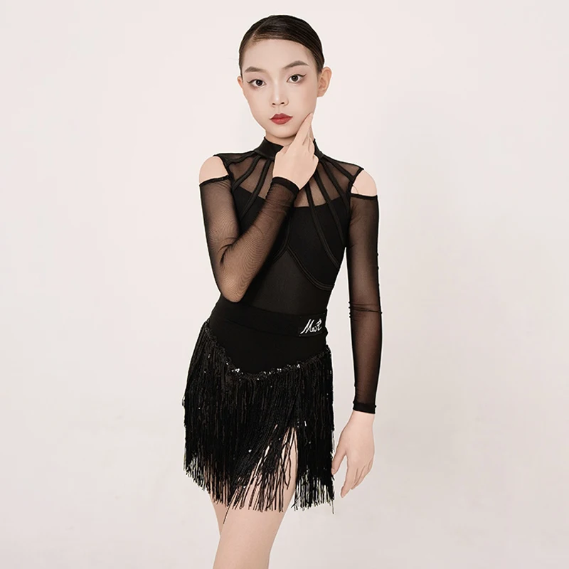 Kids Professional Dancing Suits For Girls Latin Dance Competition Costume Black Long Sleeves Latin Dance Fringed Dresses 13905