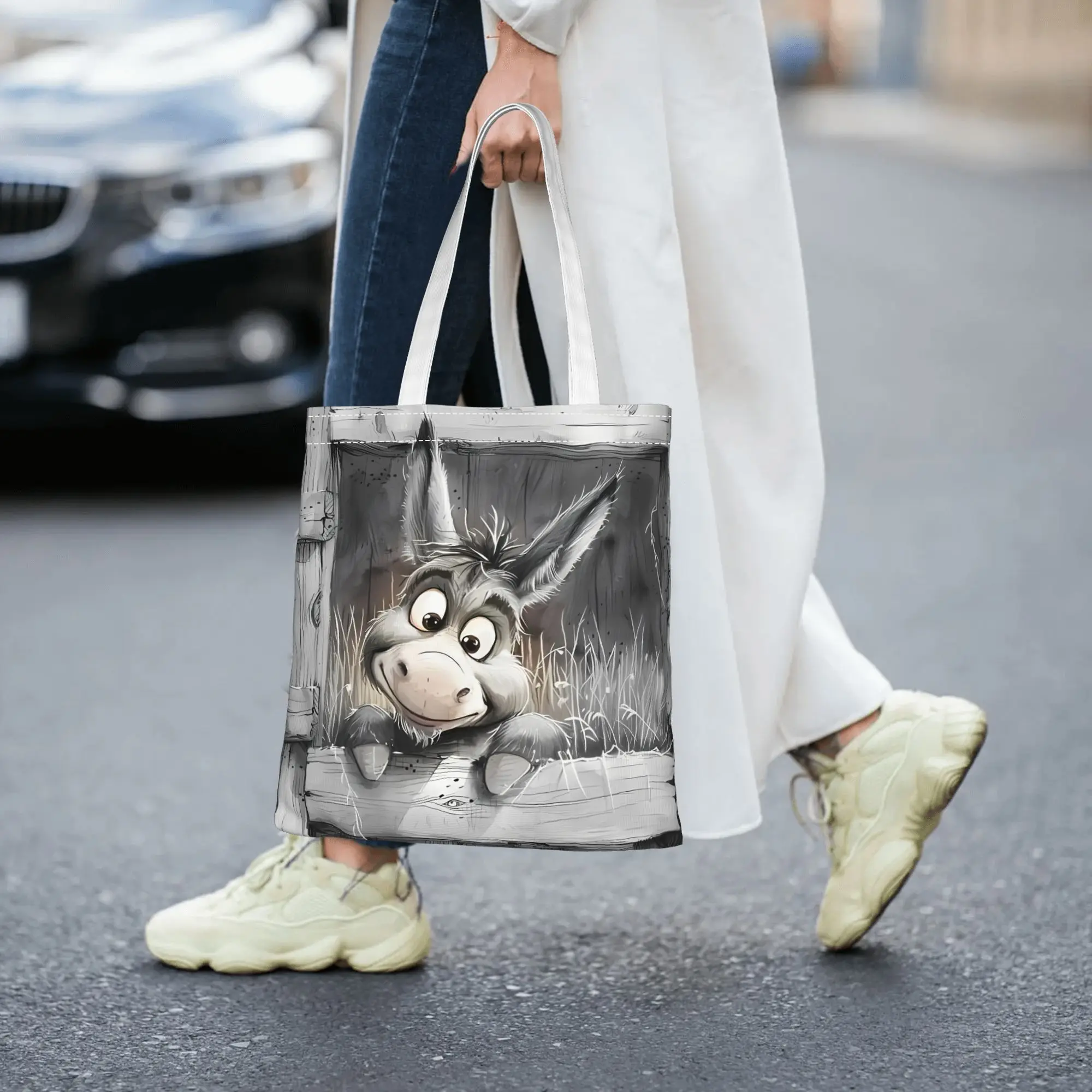 1pc Cartoon Peeking Little Donkey Print Tote Bag,Reusable Shopping Bag,Suitable for Daily Use,Shopping,School,Travel,A Cute Gift