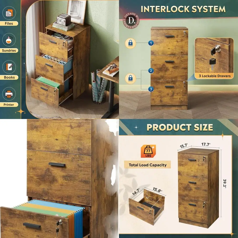 

Vertical Wooden File Cabinet with Lock, 3-Drawer for Home Office, Suitable for A4 and Letter Size Documents, Rustic Brown Finish