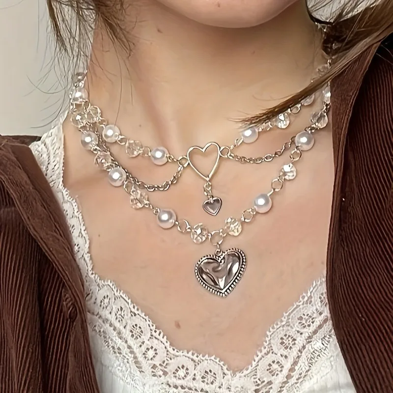 Y2K Multi-layer Artificial Pearl Bead Heart-shaped Decoration Pendant Necklace Women's Daily Wear Jewelry Accessories Gifts