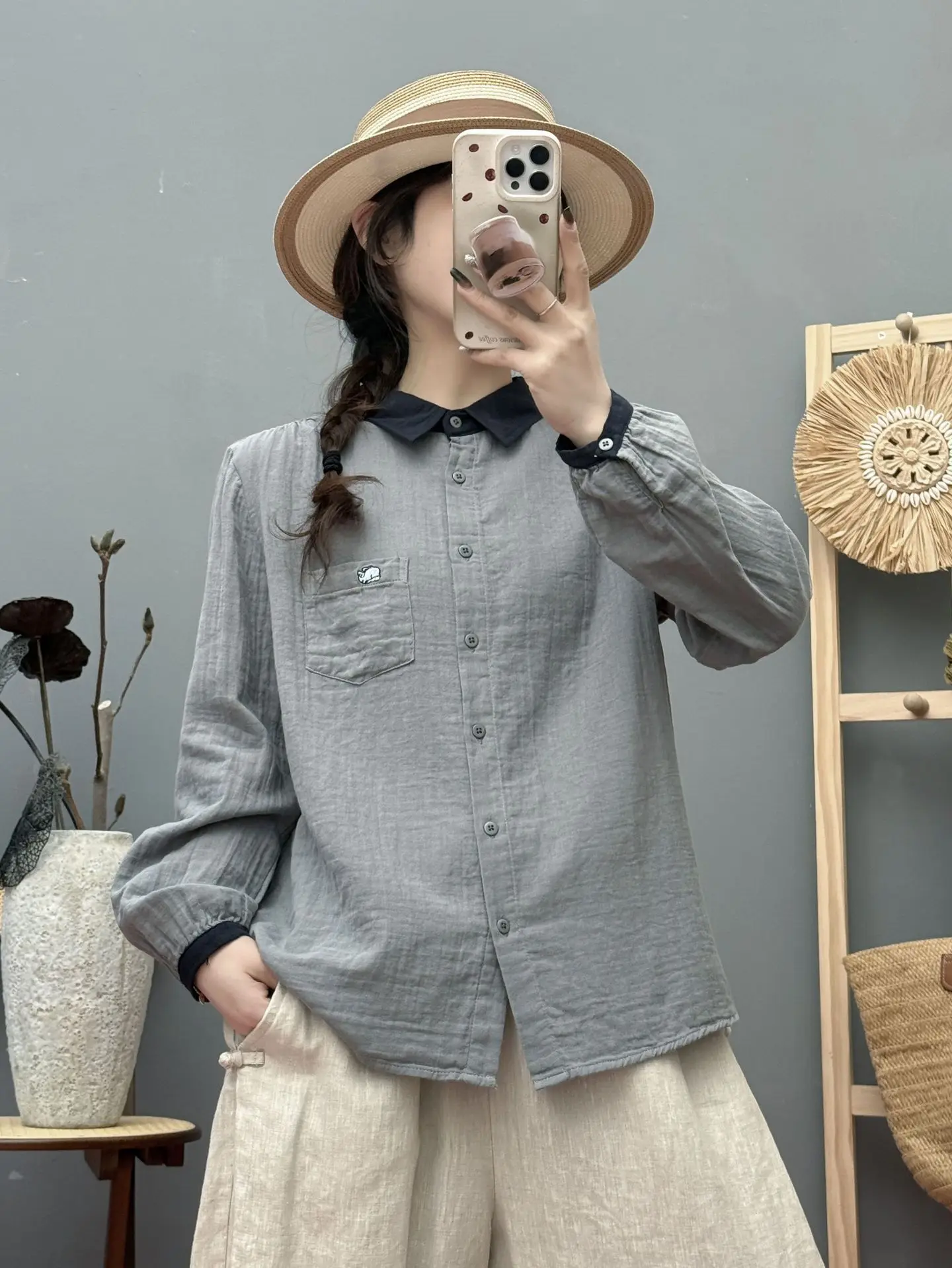 ใหม่2025ฤดูร้อนเส้นด้ายฝ้ายเสื้อแขนยาวผู้หญิงTurn-Down Collar Patchwork, Moriสาวเรียบง่ายนุ่มหลวมเสื้อt54815CC