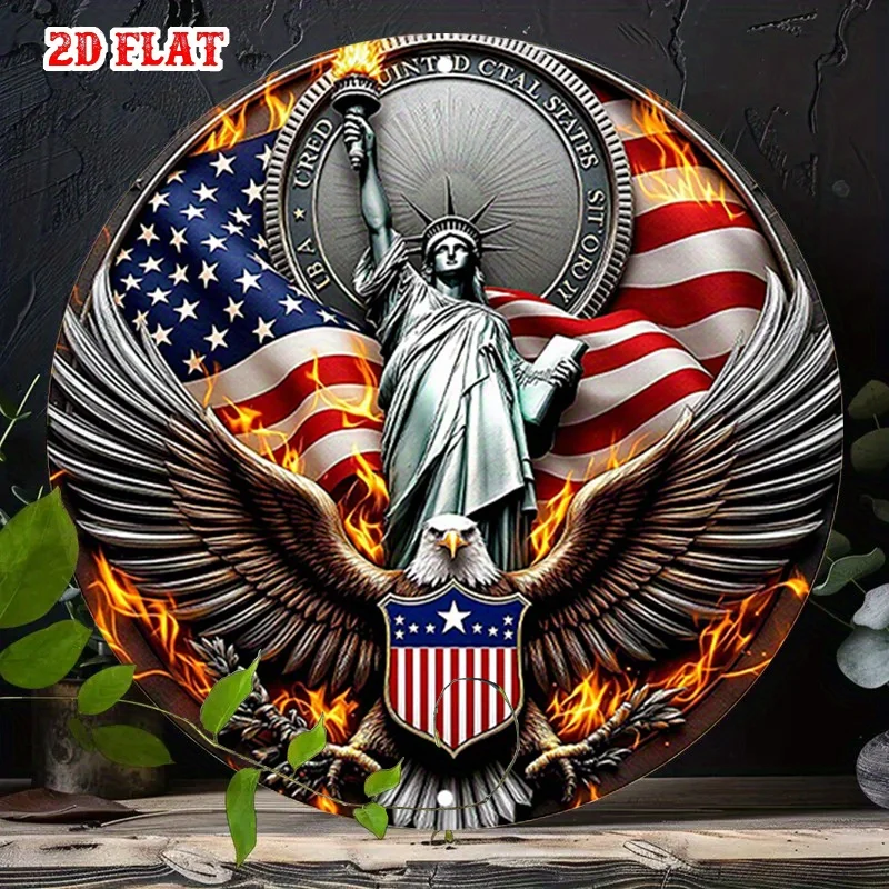 2D Flat 1pc American Flag Round Aluminum Sign, Eagle Wings Metal