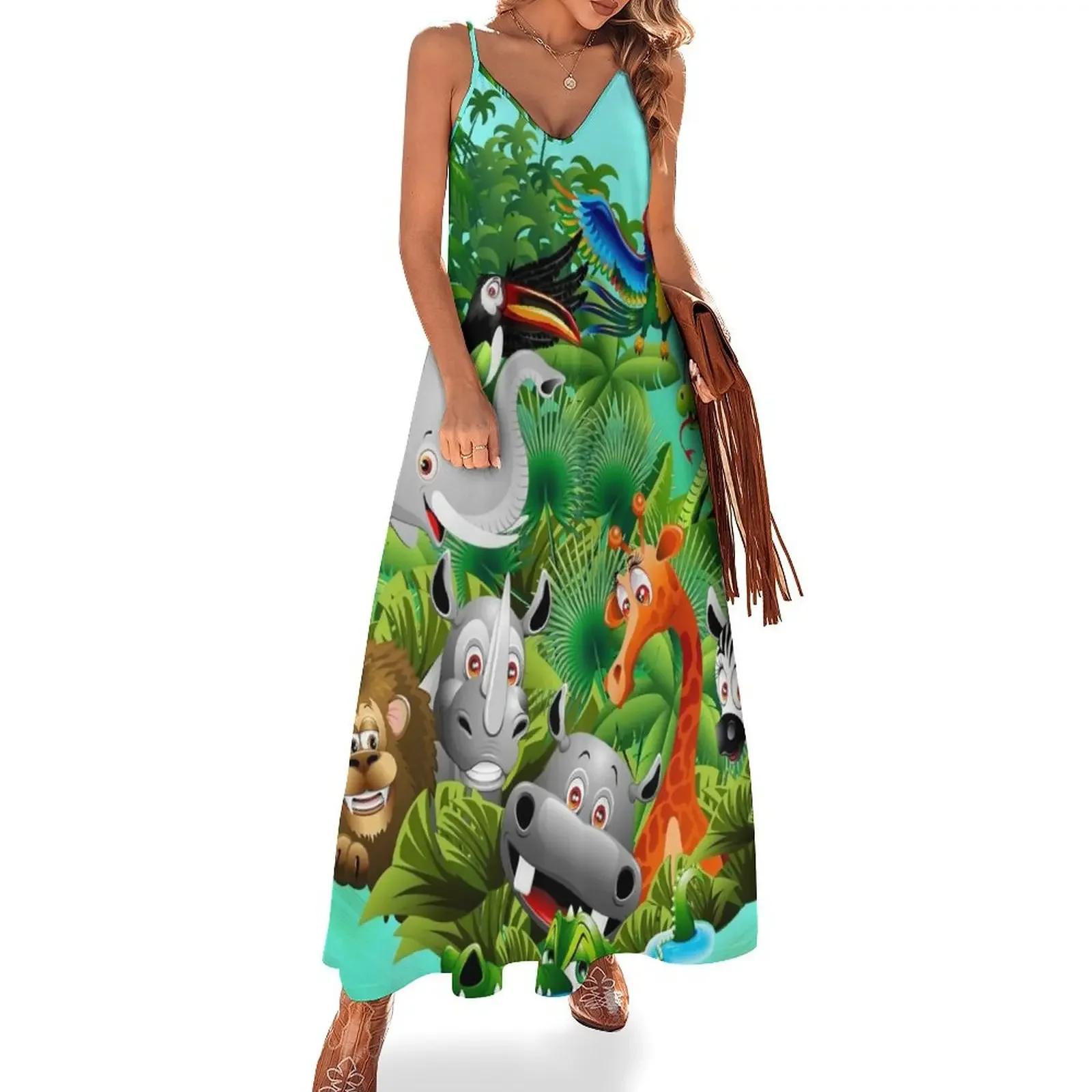 

Wild Animals Cartoon on Jungle Sleeveless Dress loose women's dress summer women's dress 2024 Long dresses